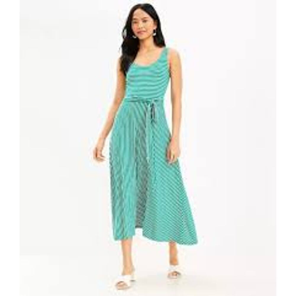 Loft Green White Stripe Dress, Wide Tank Top STraps, Tie Belt, Sz S Petite